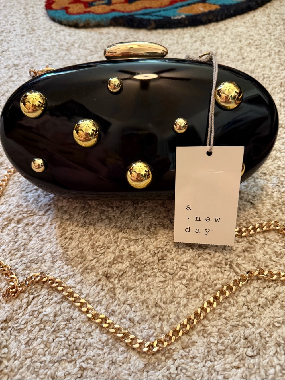 NWT a new day Black hardcase Clutch with Gold Studs and Chain